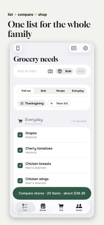 GroceryGret list screen: one list for the family